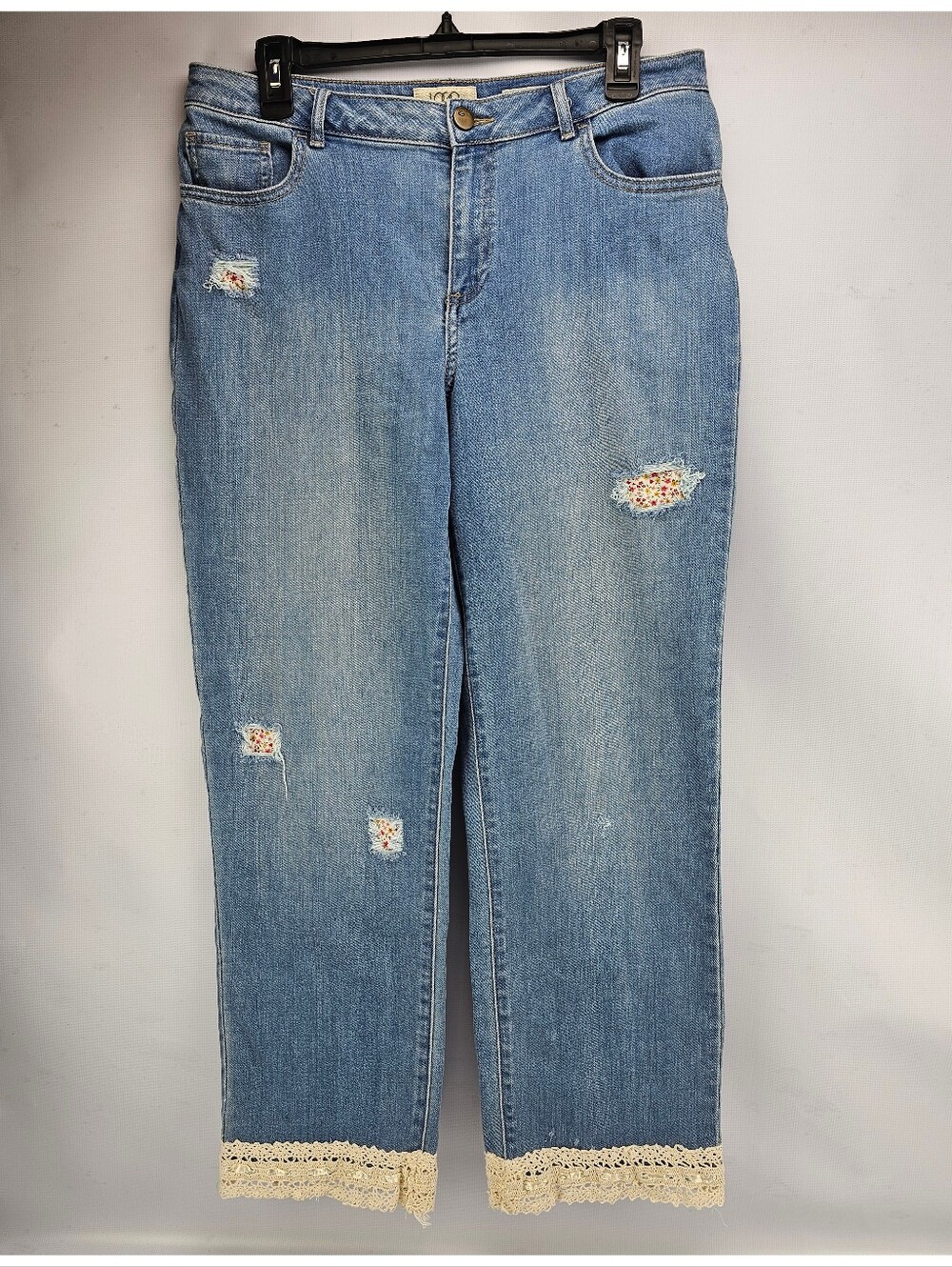 LOGO by Lori Goldstein Distressed Crop Jeans with Floral Patches Women's Size 10
